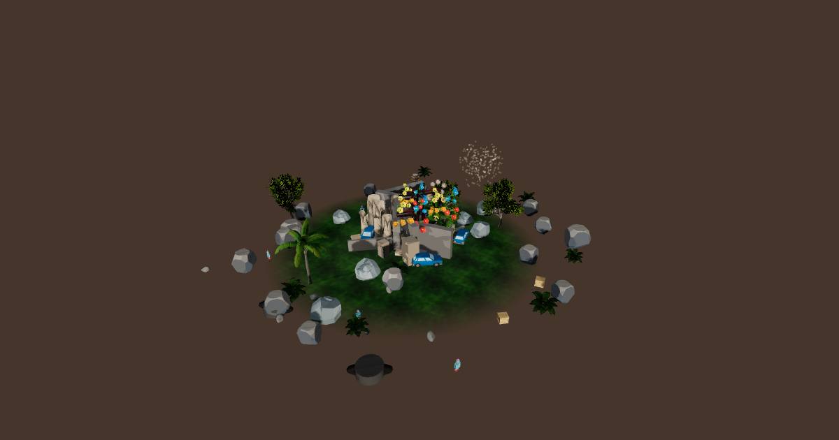 grow a giant low-poly melting junkyard